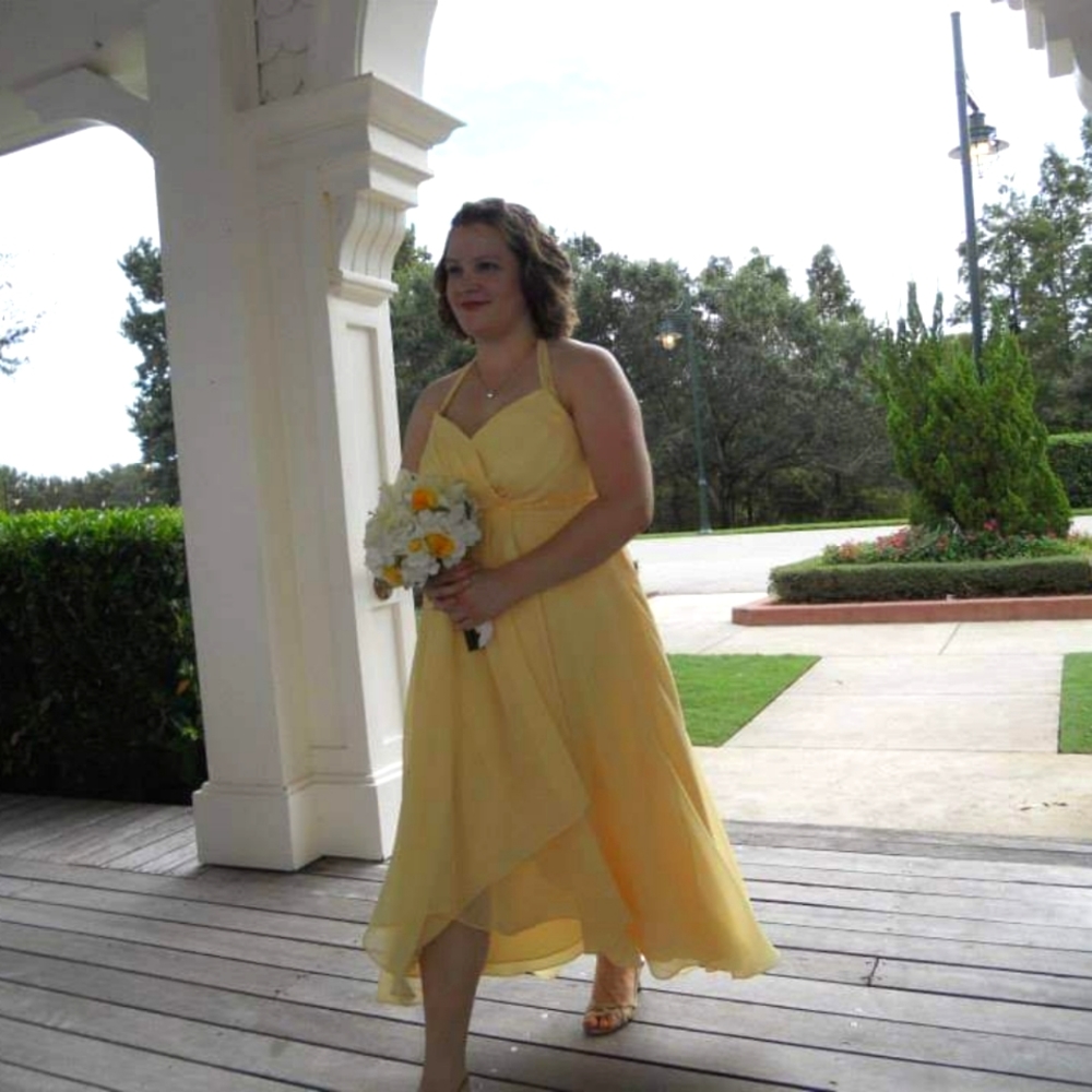 David's Bridal High-Low Halter Bridesmaids Dress, Pale Yellow Size 16